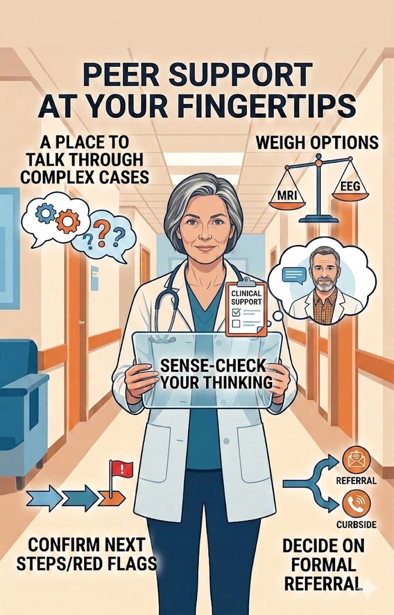 Peer support at your fingertips — talk through complex cases, weigh options, sense-check your thinking, confirm next steps, and decide on referrals